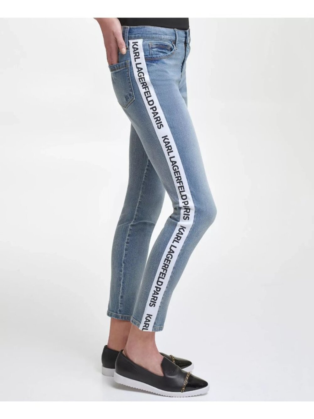 KARL LAGERFELD PARIS Women's Contrast Logo Taping Banded Jeans Blue Size 16 $100